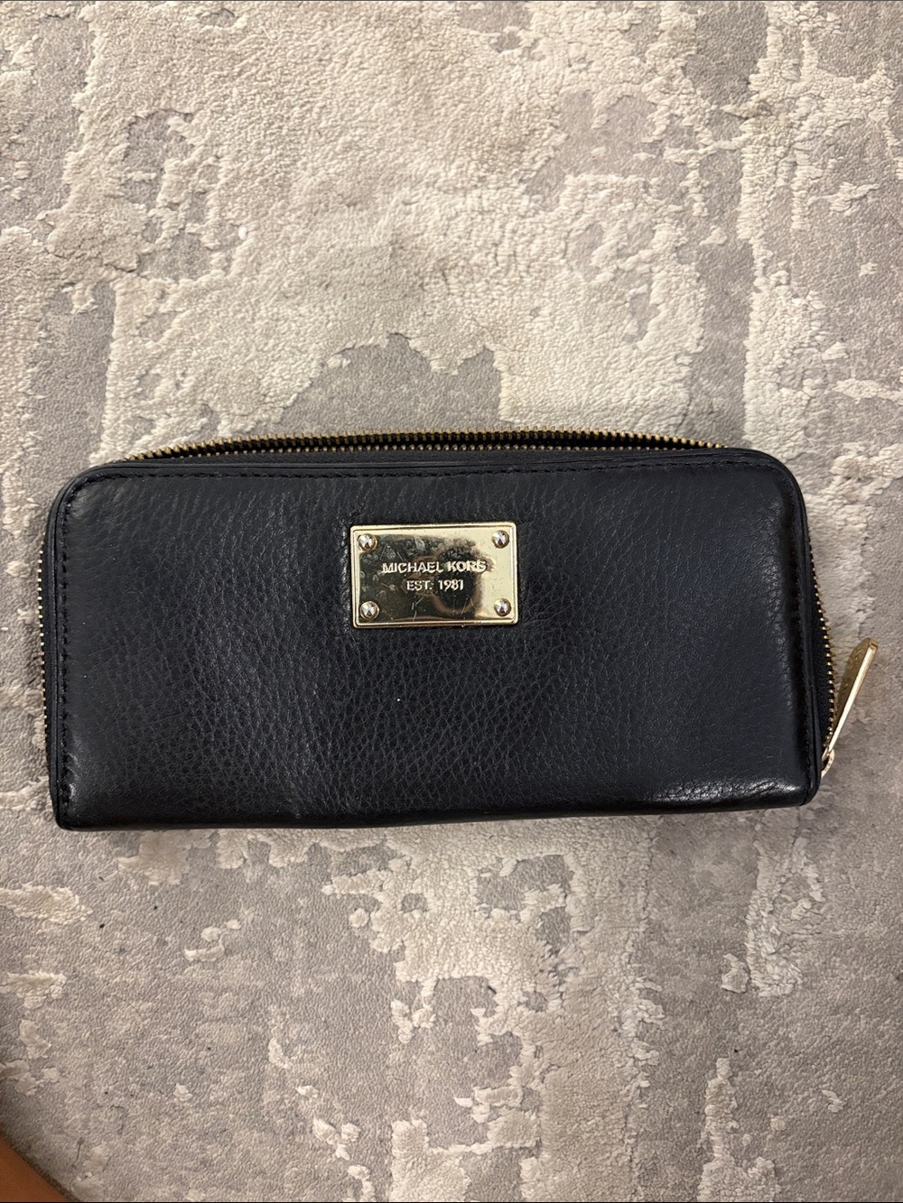 Michael Kors Black Leather Zip Card Holder with Gold Plate